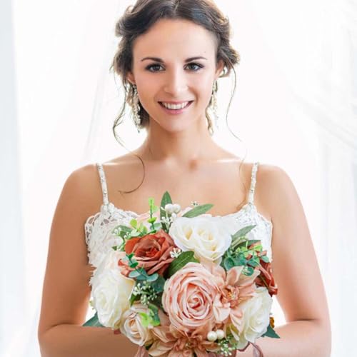CYANLUX Wedding Bouquets for Bride Bridesmaid Bouquet Champagne White Artificial Roses Flowers for Wedding Valentine's Day Church Home Decoration… (Pink) - color: Pink
