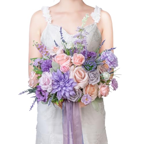 TINGE TIME 13 Inch Artificial Flower Wedding Bouquets for Bride, Cascading Bridal Bouquet for Wedding Bouquet for Wedding Ceremony and Anniversary(Violet&Mistyrose) - color: Violet & Misty Rose