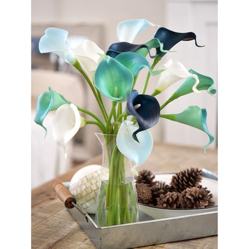 FiveSeasonStuff Posh Blue Mix Real Touch Calla Lilies, 15 Artificial PU Flower Stems with Bendable Green Stems, Faux Calla Lily Bouquet for Vase Arrangements - color: Posh Blue Mix