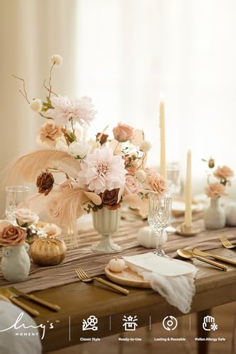 Ling's moment Fake Flowers Box, Faux Artificial Greenery Stems Foam Roses Silk Dahlia Pampas Grass Fabic Flower for Centerpieces Bouquet Wedding Vase Floral Decorations, Beige & Sepia, Deluxe Combo - color: Beg-beige & Sepia, size: Deluxe