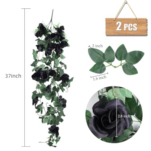 RECUTMS Artificial Black Rose Hanging Flowers Plants, 2PCS 37 Inches Fake Floral Halloween Garlands for Home Front Porch Garden Wedding Backdrop Wall Hanging Victorian Indoor Outdoor Party Decor - color: Black, size: 2 pcs