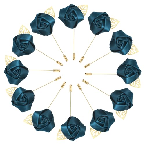 M METERXITY 12-Pack Flower Lapel Pins for Men, Golden Leaf Rose Boutonnieres Pin for Wedding/Dance/Party, Mens Lapel Pins for Suits Satin Flower Corsage Hat Pins [Indigo] - color: Indigo