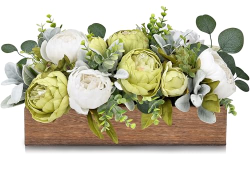 Summer Flower Centerpieces for Table Dining Room Pre-Made Artificial Peony Table Decorations Wood Tray with Fake Flowers for Wedding Living Room Party Bar Kitchen Table(Green White) - color: Green & White