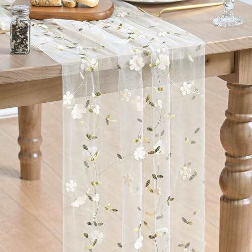 Artoid Mode Apricot 3D Flower Gauze Embroidery Table Runner 120 Inch 10FT, Tulle Seasonal Spring Kitchen Dining Holiday Table Decor for Home Party - color: White-apricot