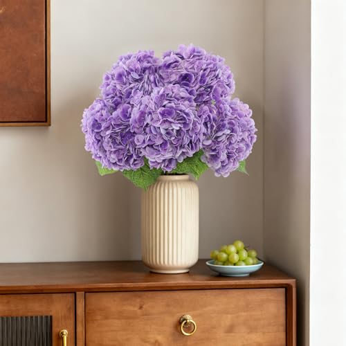 LFF 3Pcs Purple Hydrangea Artificial Flowers, 8.66" Large Real-Touch Latex Blooms with 22" Long Stems, Faux Hydrangea for Outdoor Planter Indoor Home Table Centerpieces Wedding Decor Bouquets - color: Purple
