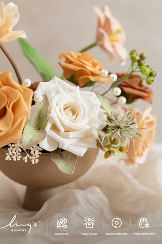 Ling's moment Fake Flowers Box, Faux Artificial Greenery Stems Foam Roses Dahlia Gardenia Tulip Silk Fabic Flower for Centerpieces Bouquet Wedding Vase Decorations, Apricot & Peach, Mini Combo - color: Apricot