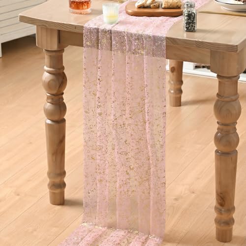Artoid Mode Gold Gauze Pink Table Runner 120 Inch 10FT, Glitter Metallic Foil Sheer Dining Wedding Anniversary Holiday Birthday Table Decor for Home Party - color: Pink Gold, size: 28" x 120"