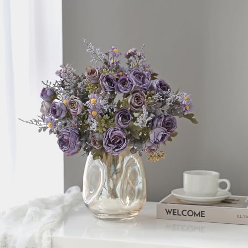 Artificial Roses Flowers 6 Pack Vintage Roses Pink Flowers Small Silk Rose Bouquet with Daisy Flowers Faux Floral Arrangements for Vase Centerpiece Table Wedding Party Bridal Decor - color: Purple, size: 6PCS