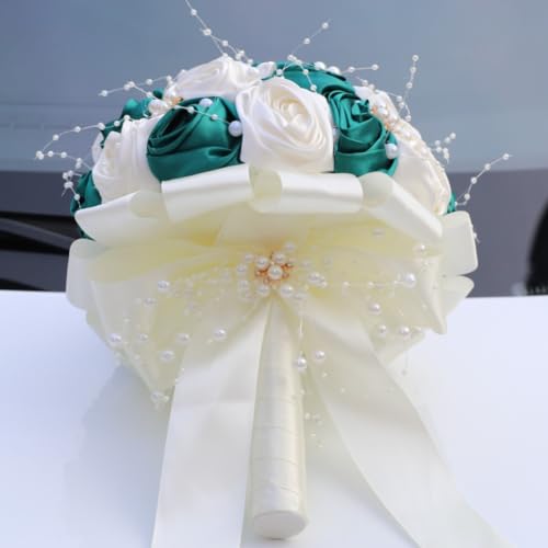 Bridal Wedding Bouquet with Pearl Brooch Bouquet for Bride Bridesmaid Quinceanera Satin Rose Flower Bouquet Wedding Dark Green and Ivory 8.7in - color: Dark Green & Ivory