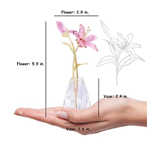 YWHL Crystal Lily Flower Figurine with Vase, Handmade Pink Glass Lily Flower Gifts for Woman, Wedding Gifts for Couple, Home Party Decorations (Pink) - color: Pink