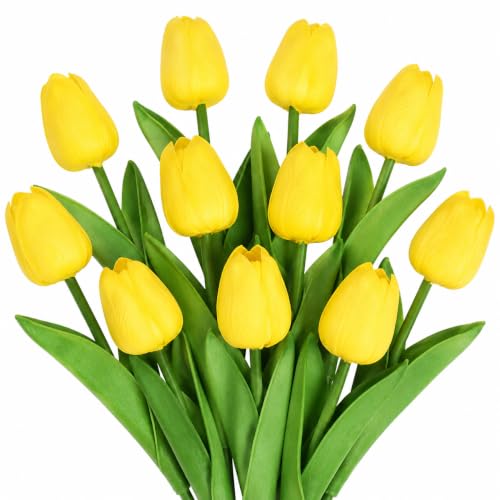 10 Pack Tulips Artificial Flowers PU Faux Flowers Fake Tulips for Home Kitchen Wedding Dining Table Decorations Mother's Day Easter Valentine's Day Decor (Yellow) - color: Yellow