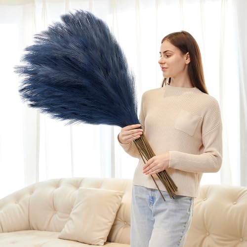 10 Pcs 39''/3.2FT Faux Pampas Grass Decor, Large Tall Fluffy Artificial Fake Flower, Bedroom Decor Boho Decor Pompas Floral for Vase Filler Farmhouse Home Wedding Decor (Blue) - color: Blue