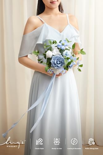 Ling's moment Blue Artificial Wedding Flower Bouquets for Bridesmaids White Floral Bouquet Dusty Blue Bridal Bouquets for Bridesmaids with Ribbon Ceremony Anniversary,7-inch Diameter - color: Blu-posy-dusty Blue & Navy