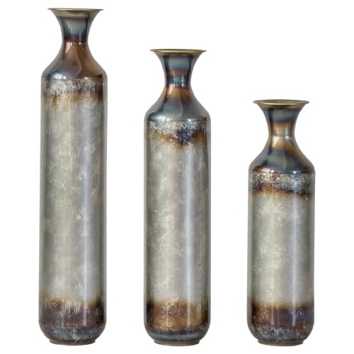 Metal Floor Vases Decorative, Set of 3 Flower Arrangement Stand, White Glazed Metal Decorative Vase Tall Distressed Metallic Centerpiece Vases, 33.5", 28.7", 24" H (Gold＆White) - color: Gold＆white