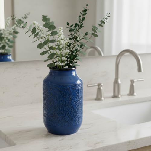 Blue Vase for Decor, 9 inch Ceramic Flower Vase, Modern Decorative Vases Home Decor, Bathroom Bedroom Office Living Room Shelf Decoration - color: Blue - 2