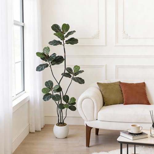 GarveeHome 6FT Artificial Fiddle Leaf Fig Tree Realistic, Potted Fake Ficus Lyrata Plant with Adjustable Boughs & Modern Planter for Home Office Decor Indoor - color: Green 6ft