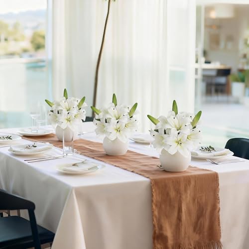 Artificial Lily Flowers with Ceramic Vase, White Silk Lily Flower Arrangement, Fake Flowers in Vase Centerpiece, Faux Floral Arrangement for Table Decor, Shelf, Bathroom, Wedding, Home Decoration