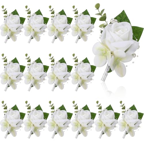 MTLEE 15 Pcs Burgundy Boutonniere for Men Rose Wedding Boutonniere with Pin Groom Groomsmen Buttonholes Man Suit Corsage for Vintage Wedding Ceremony Anniversary Dinner - color: White, style: Rose