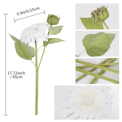 IPOPU Artificial Sunflower Bouquet with Long Stems Fake Silk Sunflowers Bouquet with 5 Heads Faux Sunflower for Wedding Party Home Office Decoration Dining Table Centerpiece (White1 Bunches) - color: White