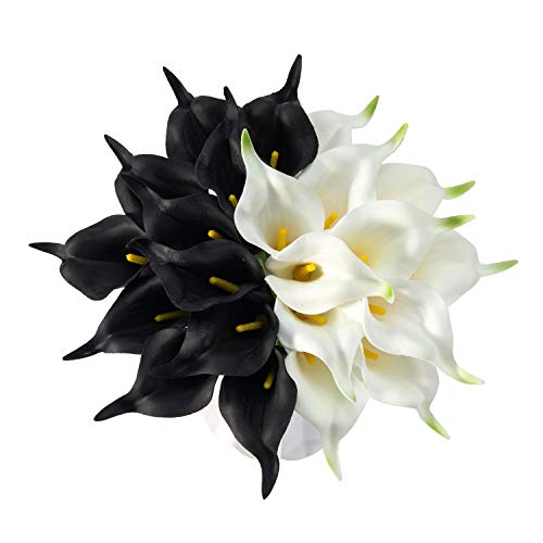 Crafjie 22pcs 13.4 Inch Lataex Real Touch Artificial Calla Lily Flowers, for Home Decor for Spring Flowers, Home Kitchen, Wedding Decorations, and centerpieces.（White and Black） - color: White and Black