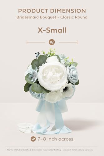 Ling's moment Artificial Bridesmaid Bouquets Set of 4,Dusty Blue Wedding Flower Bouquets White Floral Bouquet Light Blue Rose Bridal Bouquets with Ribbon,Ceremony,Anniversary,7-inch Diameter - color: Blu-dusty Blue & Navy