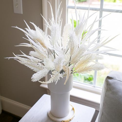 7 PCS Artificial Stems Fake Plants for Spring Summer Decor, 26 in Fake Leaves Greenery Branches White Silk Flowers Faux Foliage DIY Stems for Vase Home Kitchen Farmhouse Indoor Table Centerpiece - color: 7 Pcs White Faux Stem