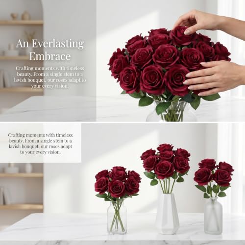 52pcs Burgundy Roses Artificial Flowers Fake Flowers Silk Roses with Stems for DIY Wedding Bouquets Bridal Shower Centerpieces Arrangements Party Decorations - color: Burgundy