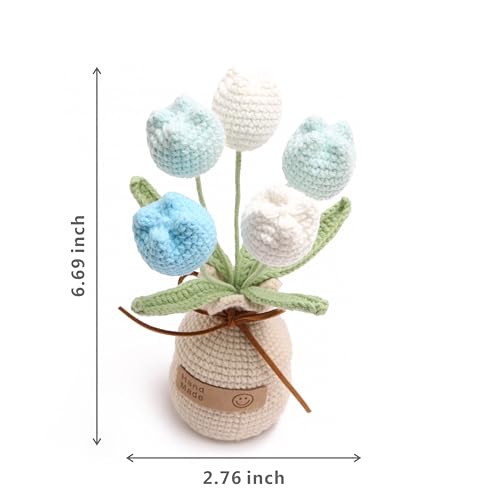 Crocheted Tulips, Hand-Woven Potted Plants, Permanent Tulips, Used for Creative DIY Table Decoration, Birthday Gift ，Graduation Ceremony, Christmas and Thanksgiving (5 Flowers-Blue) - color: Blue B, size: B