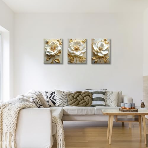 WENGTIAO Modern White Floral Golden Leaves Canvas Wall Art Set, Neutral 3d Flowers Wall Painting Pictures Boho Beige Blossom Wall Decor Posters Print Artwork for Bedroom Living Room Office 12x16x3Pcs - color: Flower-golden leaf, size: 12"x16"x3Pcs