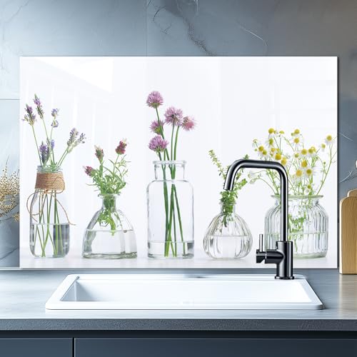 DAIFURONGE Tempered Glass Backsplash Kitchen,Flowers and Vase,36"x24" | Behind Stove Back Splash Panel Protector, Easy to Clean, Kitchen Wall Decor,One Piece Oven and Range Backsplash - size: 35.4"L x 23.6"W