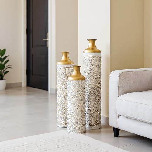 3pcs Extra Large Floor Vases Home Decor:24.4/29.1/33in, Big White Tall Metal Standing Floor Vase Set for Living Room - color: Floor Vases White Flower