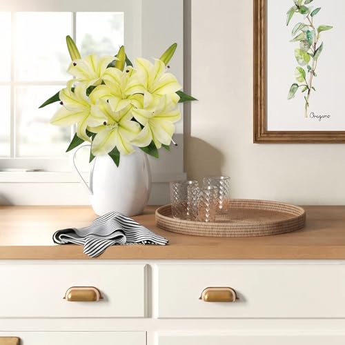 Artificial Tiger Lily Silk Flowers - 3 Pcs Faux Lily Flower 14.9" Fake Lilies Bouquets Faux Stargazer Lilies Stem with 6 Heads & 3 Buds for Indoor Outdoor Home Table Wedding Decor (Creamy Yellow) - color: Creamy Yellow&green
