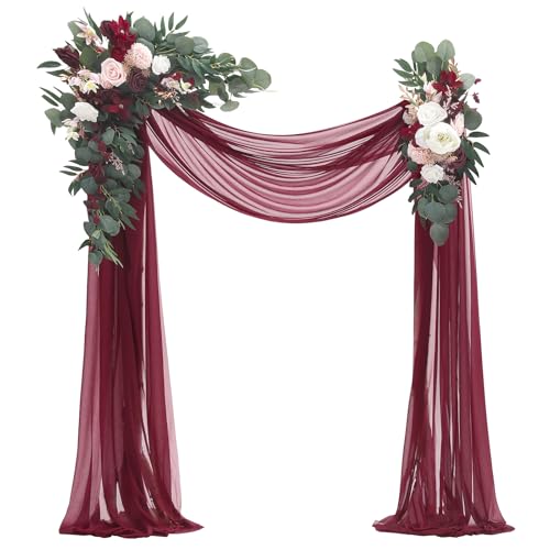 Floroom Arch Flowers with Drapes Kit (Pack of 4) - 2pcs Artificial Burgundy Floral Swag Arrangement with 2pcs Draping Fabric for Wedding Ceremony Arbor and Reception Backdrop Decoration - color: Burgundy & Blush
