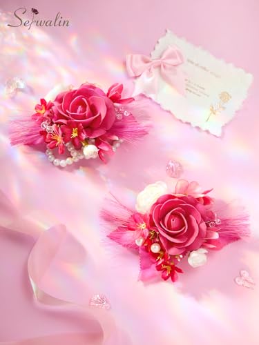 Serwalin 2 Pcs Wrist Corsage and Boutonniere Set, 6-7 Inch Hot Pink Corsage for Wedding, Boutonniere for Men Corsage Wristlet Prom Ceremony Anniversary Accessories Suit - color: Hot Pink, size: 1 Boutonniere & 1 Wrist Corsage-2pcs