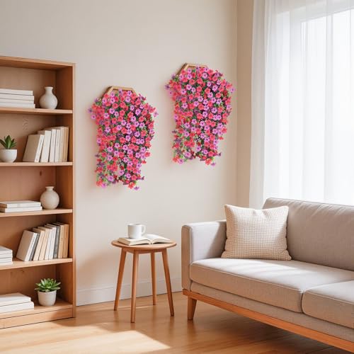 Artificial Hanging Flowers for Outdoors, 6PCS Faux Silk Artificial Flowers for Outdoors, UV Resistant Fake Flowers, No Fade Trailing Greenery, Decor for Home Porch Patio Balcony Garden Yard - color: Purple + Rose Red