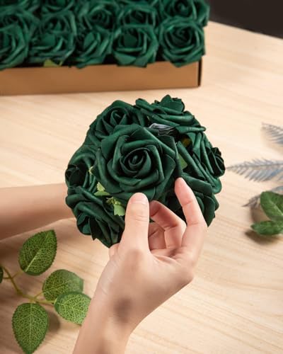 DuHouse 50Pcs Artificial Roses Flowers Fake Roses with Stems Real Touch Foam Flowers for DIY Wedding Bouquet Party Centerpiece Floral Arrangement Party Home Decor(Hunt Green) - color: Hunt Green, size: 50pcs