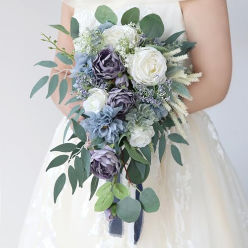 9.1 Inch Cascading Bridal Bouquet Waterfall Cascade Wedding Bouquet Bride with Artificial Rose Peony Flower Rustic Boho Wedding Ceremony Bouquet Dusty Blue - color: Dusty Blue
