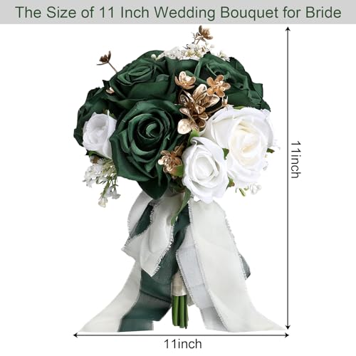 Wedding Bouquet for Bride - Premade Simple Artificial Roses Flowers for Bridal Shower Destination Ceremony Anniversary Decorations - Emerald Green & Gold & White - color: Emerald Green & Gold & White