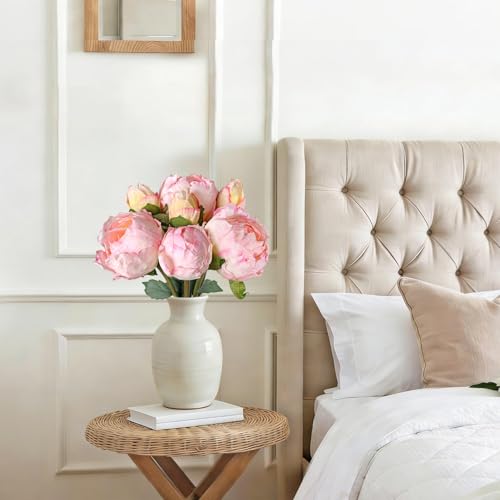 TOCHGREEN Artificial Peonies Silk Flowers 2 Bouquets 14 Heads Vintage Faux Peony with Stems for Home Wedding Table Decor Bridal Bouquet Floral Arrangement - color: Light Pink