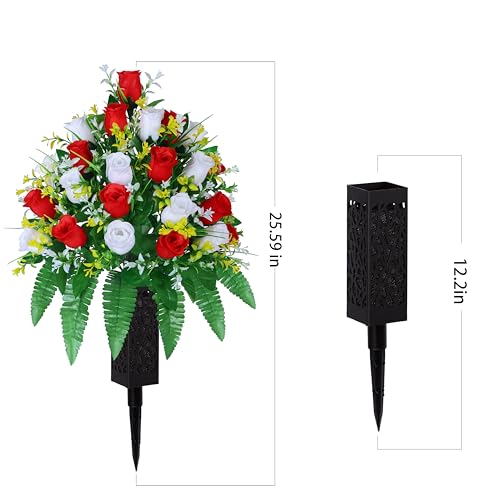 LVXINLI Artificial Cemetery Flowers, Gravesite Decoration Roses, Memorial Bouquets with Cemetery Vase, Vibrant and Long-Lasting Colors (Red + White, 2 Bundles) - color: Red + White