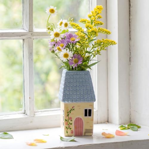 Remerry Ceramic House Shape Vase 2.4 x 3.8 Inch Mini Handmade Vase Decorative Small Flower Container for Living Room Bedroom Farmhouse Home Table Decor Cute Birthday Gift(Blue) - color: Blue