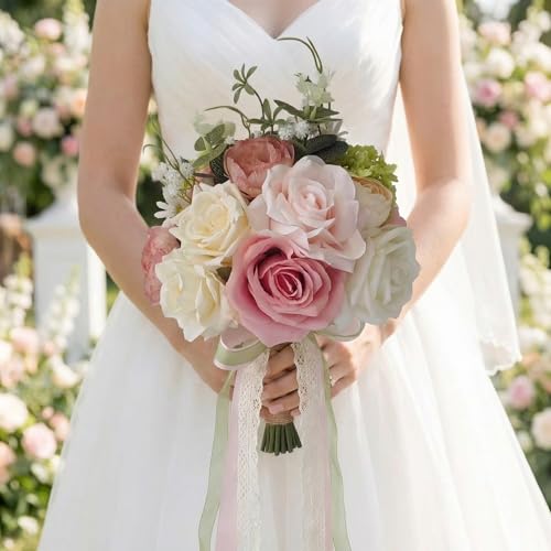Wedding Bouquets for Bride, Light Pink and Green Bridal Bouquet | Realistic Silk Rose for Rustic Boho Church Ceremony, Proposal, Thanksgiving, Wedding Decor - color: Pink and Green