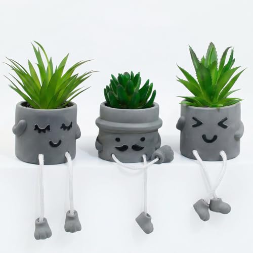 Small Fake Plants Faux Succulents in Grey Pots with Hanging Leg Potted Mini Fake Plants for Office Desk Decor Cute Artificial Succulent Plants for Home Office Desk Decor and Gift Choice - Set of 3 - color: 3set-shy