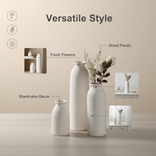 CEMABT White Ceramic vase Set-3 Flower vases for Decor,Modern Boho Farmhouse Home Decor,Decorative vase for Pampas Grass&Dried Flowers,idea Shelf,Table,Bookshelf - color: 3set-tall White