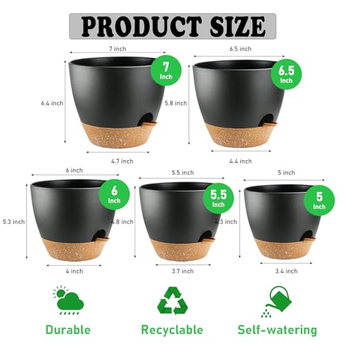 Self Watering Plant Pots with Drainage & Saucers, 5-Pack 7/6.5/6/5.5/5 in - Plastic Flower Pots for Indoor Plants, Succulents & Herbs, Planters for Indoor Outdoor & Balcony (Black) - color: Black