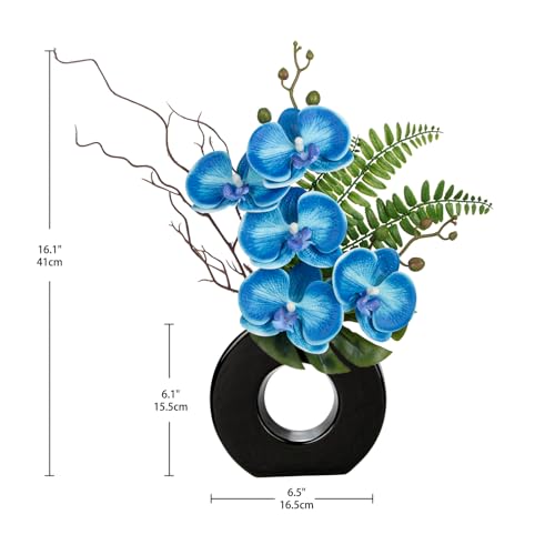 Briful Blue Orchid Fake Flowers with Black Vase, 16.1'' Artificial Orchid Silk Flowers Faux Orchid Arrangement for Home Office Room Table Centerpiece Modern Decoration - color: Blue Flowers Black Vase