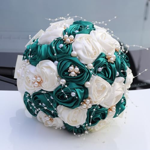 Bridal Wedding Bouquet with Pearl Brooch Bouquet for Bride Bridesmaid Quinceanera Satin Rose Flower Bouquet Wedding Dark Green and Ivory 8.7in - color: Dark Green & Ivory