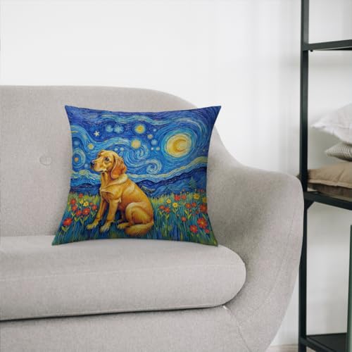 Fokongna Decorative Pillow Covers Vincent Van Gogh's The Starry Night, with a Golden Retriever in a Grassy Field Full of Blooming Flowers for Couch Home Bedroom Living Room 18 x 18 Inch Pillow Covers - color: Golden Retriever