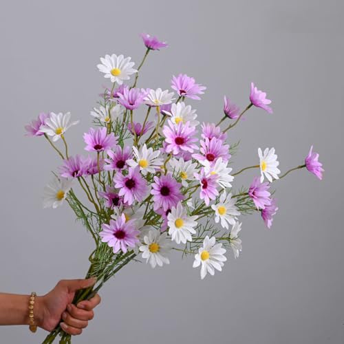 NatureMan Artificial Flowers 12 Bundles Artificial Silk Daisy UV Resistant Outdoor Fake Wildflowers with Stems Daisy Arrangements for Home Hotel Office Garden Decoration (White, Purple) - color: White , Purple
