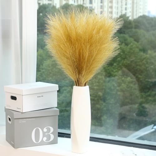 Wertuirk 9 Stems Gold Pampas Grass - 38 Inch Tall Faux Pompous Grass Decor, Large Artificial Pompas Floral for Wedding Flower Arrangement,Great Gatsby Party Decorationsa and Home Decor (Gold) - color: Gold